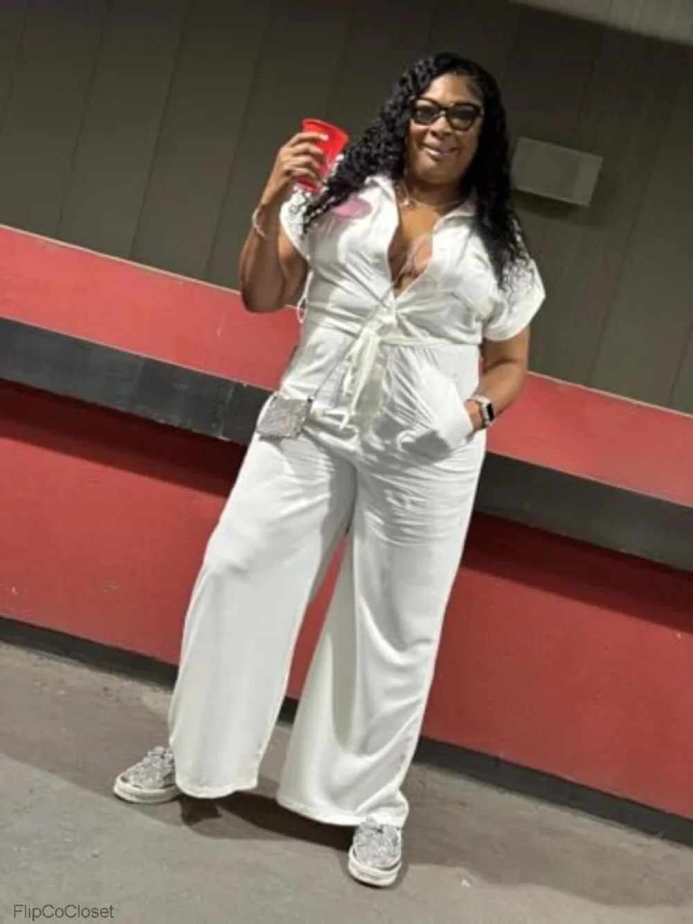 Wide Leg Jumpsuit with Belt Short Sleeve Loose Romper Club Party Work